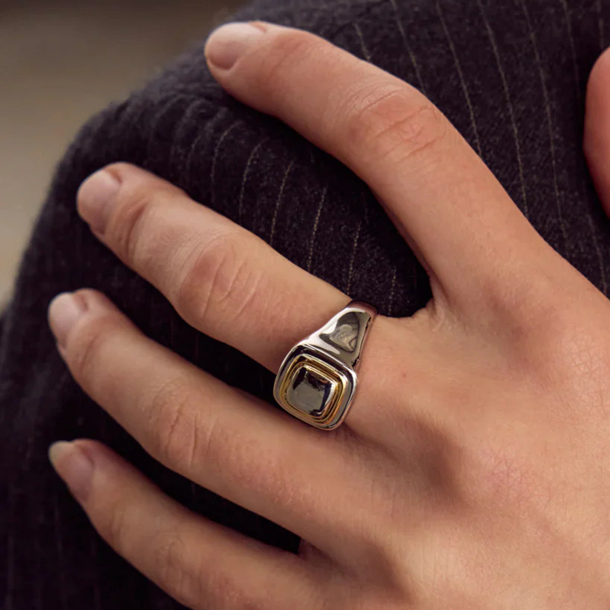 Chevalière acier inoxydable couleur or et argent