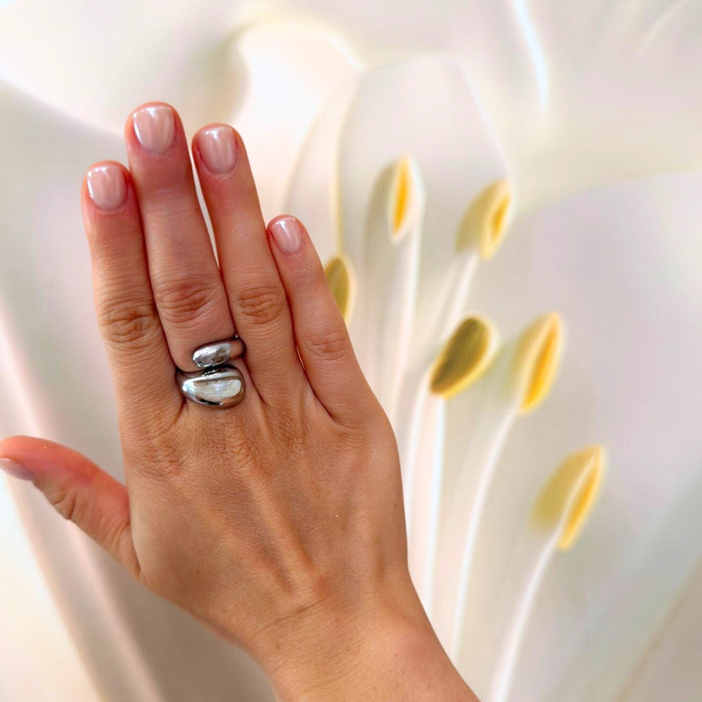 Bague couleur argent double goutte