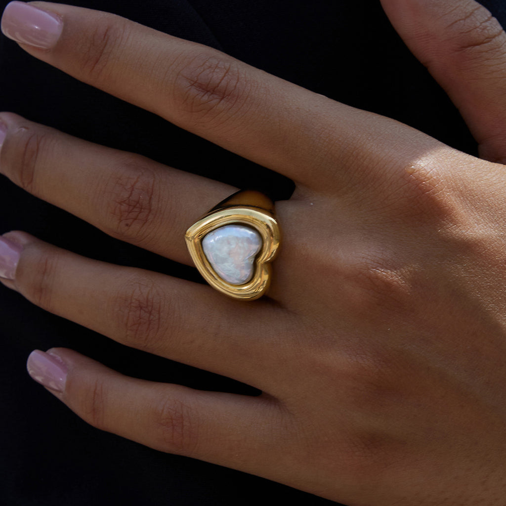 Bague en acier inoxydable avec coeur nacre taille 54 55