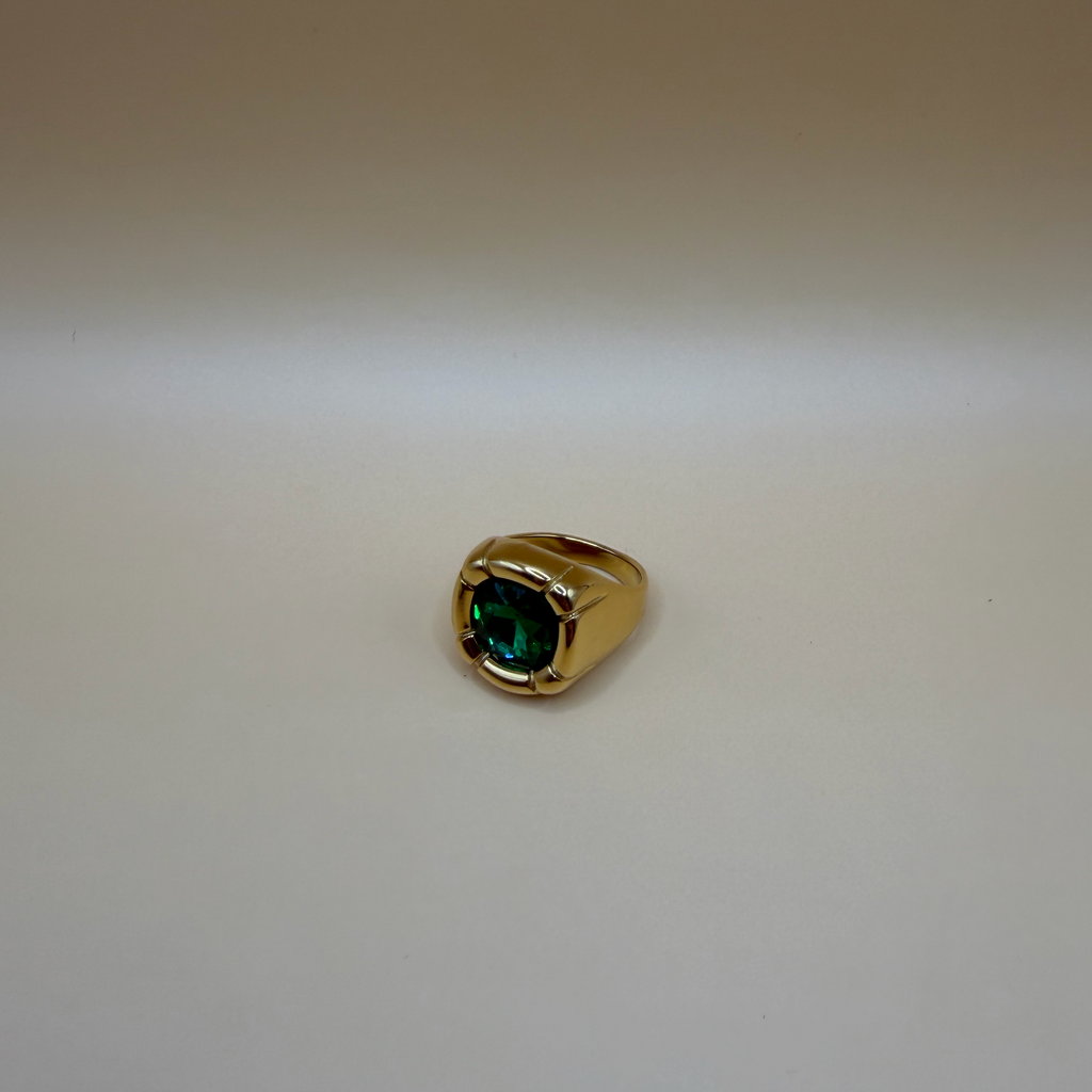 bague acier inoxydable et zircon vert brillant